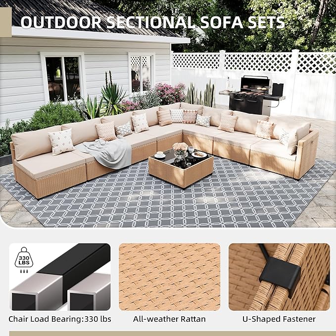 UPHA 9 Pieces Patio Furniture Sets, Wicker Outdoor Sectional Sofa Couch with Coffee Table, Patio Conversation Set for Deck Backyard Garden, Beige Rattan, Beige Cushion