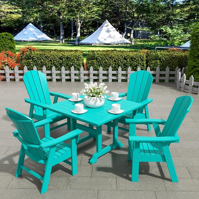 WestinTrends Malibu 5 Piece Adirondack Outdoor Dining Set, All Weather Poly Lumber Patio Table and Chairs Furniture Set, 43" Trestle Square Dining Table and 4 Adirondack Dining Chair, Turquoise