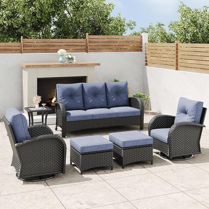 6 Pieces Outdoor Wicker Patio Swivel Rocking Chairs, All Weather Wicker Conversation Set with Side Table