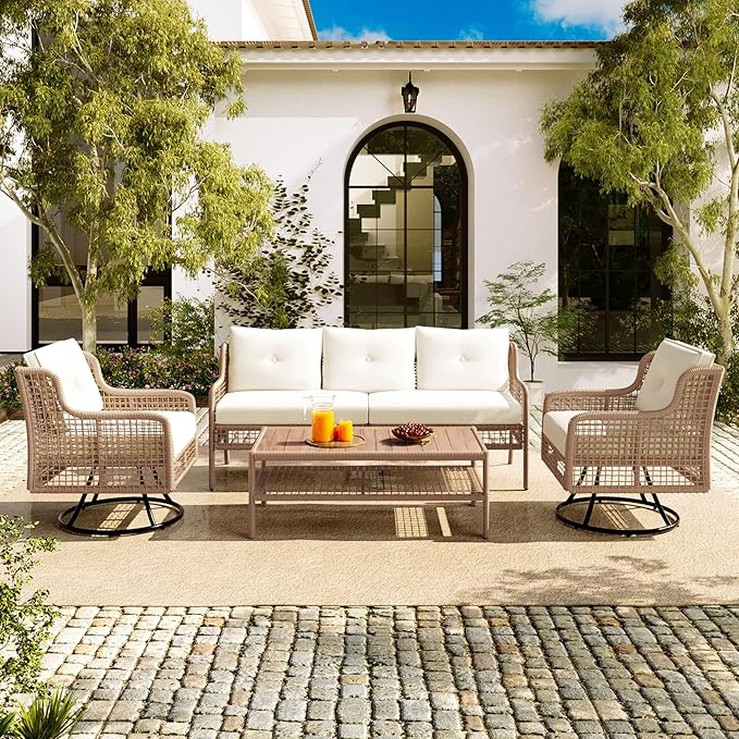 4 Pieces Patio Furniture Set, Rattan Outdoor Conversation Set with 1 3-Seater Sofa, 2 360°Swivel Rocking Chair and 1 Solid Wood Tabletop Coffee Table for Poolside Backyard Deck (Beige/264)