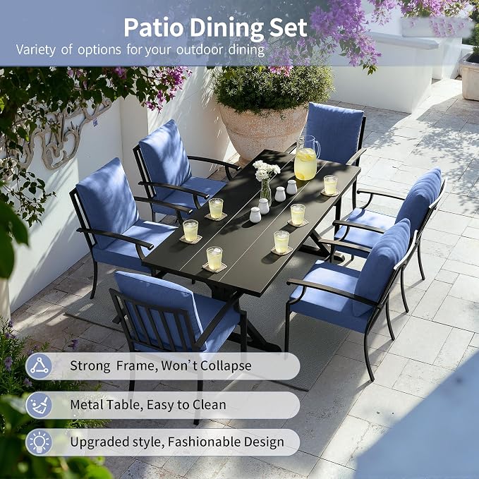 Kullavik 7 Pcs Outdoor Dining Set,Patio Dining Table and Chairs Set for 6,Fence Pattern Back Chairs with Thickened Cushions & X-Frame Metal Dining Table with Umbrella Hole for Patio,Navy Blue