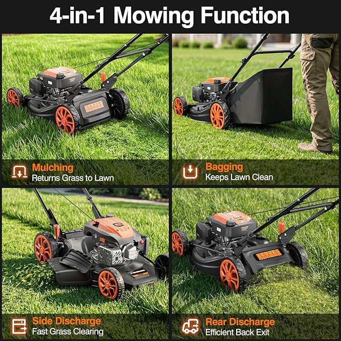 21” Self Propelled Lawn Mower Gas, 170CC 4-in-1 Mulch/Rear Bag/Side Discharge/Rear Discharge, Walk-Behind Gas Lawnmower with 7-Position Cutting Height, Foldable Gas Powered Lawn Mowers for Yard Garden