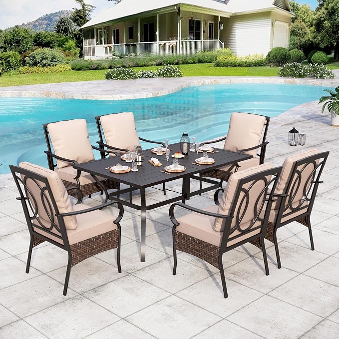 Sophia & Willliam Oversized Outdoor Dining Set 7 Piece Metal Patio Table and Chairs Set with 6 Large Padded Patio Dining Chairs & 60" Rectangular Dining Table, Deck,Lawn,Kitchen Furniture
