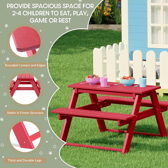 WestinTrends Malibu Outdoor Patio and Indoor Kids HDPE Plastic Picnic Bench Table, Red