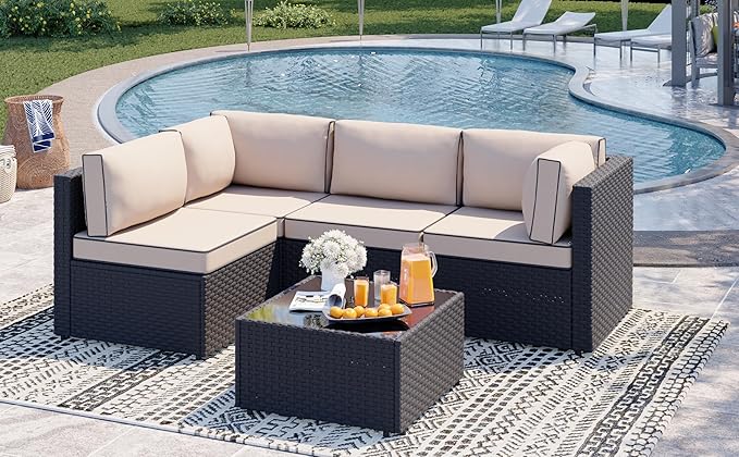 SUNLEI Outdoor Patio Furniture Set 5 Pcs, Rattan Balcony Furniture with Backrest Glass Table & Washable Cushions Small Conversation Patio Set with Sectional Design (Black/Khaki)