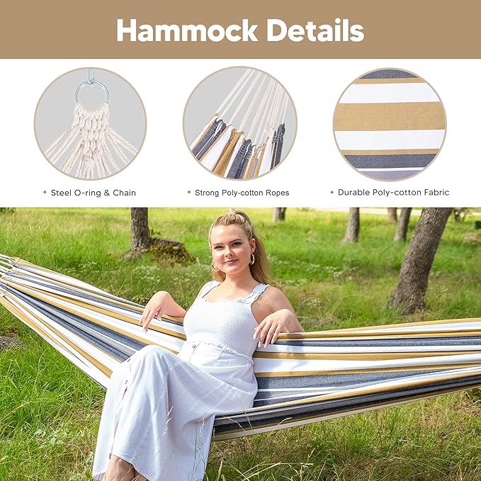 SUNCREAT Portable Large Hammock with Stand, Two Person Hammock with Stand Included, Patent Pending, Coffee White