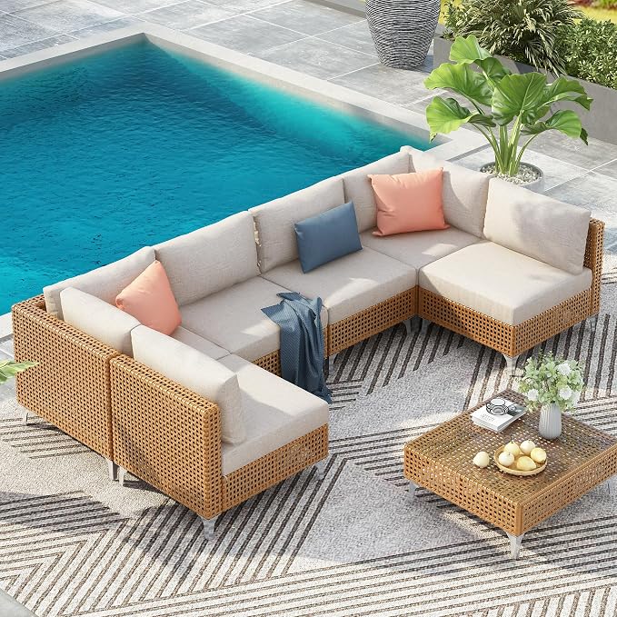 7-piece Wicker Patio Furniture Set, Outdoor Conversation Set Sectional Sofa with Water Resistant Beige Thick Cushions and Coffee Table for Outdoor Couch, Porch, Backyard - Beige