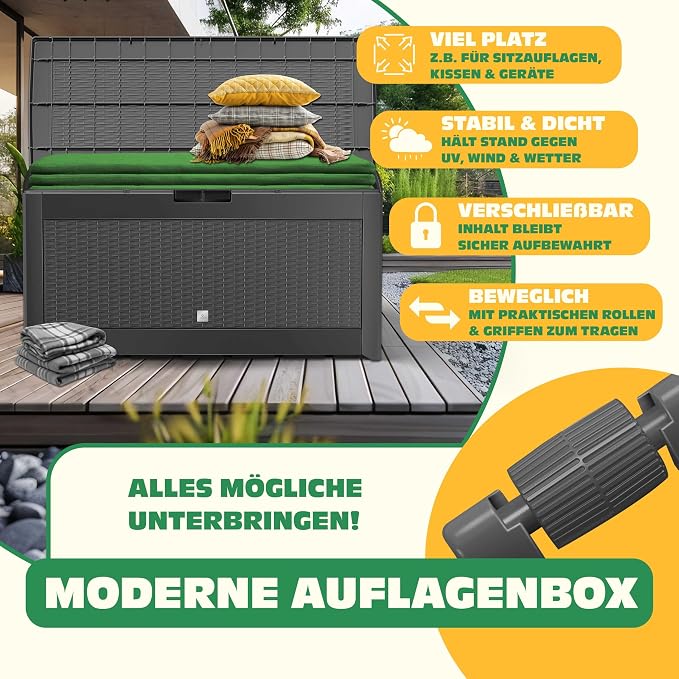 KESSER Rattan Look Garden Storage Box, 310L, Foldable Lid, 3 Handles, Wheels, Weatherproof, Easy Assembly