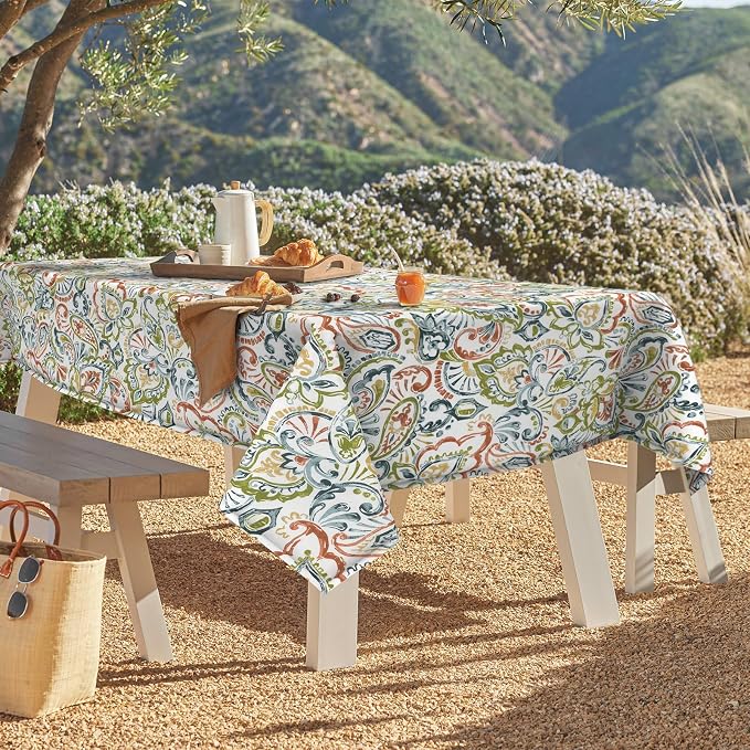 DYTXIII Outdoor Rectangle Tablecloth with Umbrella Hole and Zipper 84" x 60", Water Repellent Floral Picnic Cover, Fade & Wrinkle Resistant Tablecloth for Patio/Garden/Party Table, Paisley Botanical
