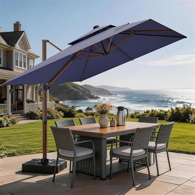10x13FT Cantilever Outdoor Patio Umbrellas, Double Top Wood Pattern Rectangle Umbrella, Heavy Duty 360°Rotation Offset Umbrella for Garden Deck Pool Patio, Navy Blue