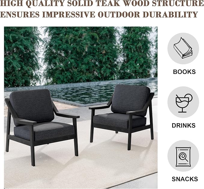 Outdoor Patio Furniture Set, 3 Piece Patio Conversation Sets with Washable Thick Cushions, All-Weather Solid Wood Patio Bistro Set for Porch, Balcony, Black Frame & Dark Gray Cushion