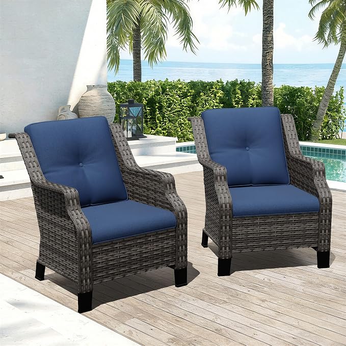 Outdoor Patio Chairs Set of 2, Wicker Patio Furniture with Thick Cushions, Curved Armrest, Deep Seating, Rattan Outdoor Chairs for Porch, Deck, Balcony