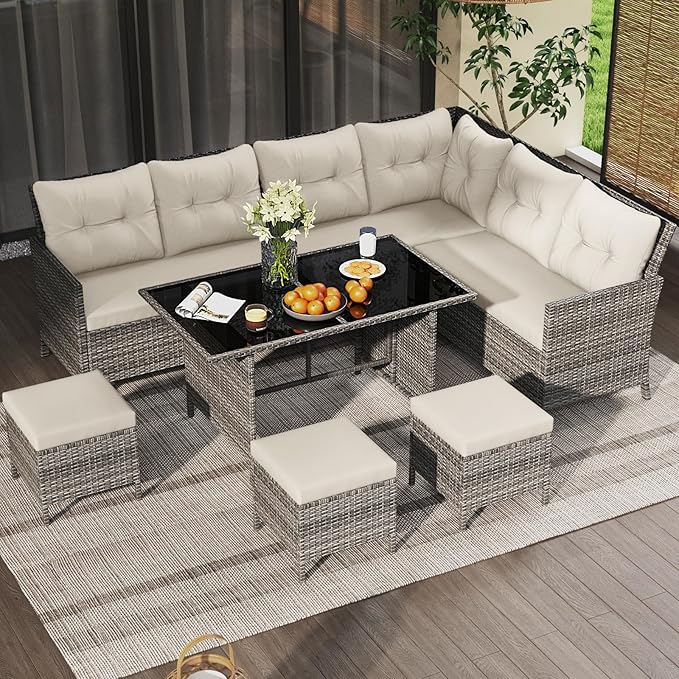 Tangkula 7 Pieces Patio Dining Furniture Set, Outdoor PE Rattan Sectional Sofa Set with Soft Cushions, Ottomans and Tempered Glass Table, Wicker Conversation Set (Mix Gray + Off White)
