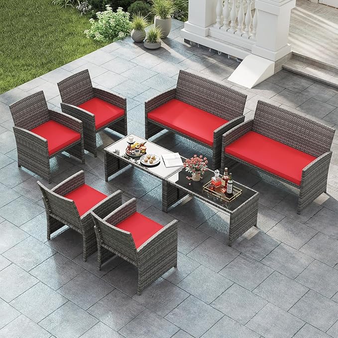 Tangkula 8 Piece Patio Wicker Furniture Set, Outdoor Heavy Duty Rattan Cushioned Chairs, Loveseat and Tempered Glass Coffee Table, for Backyard, Balcony, Poolside Red