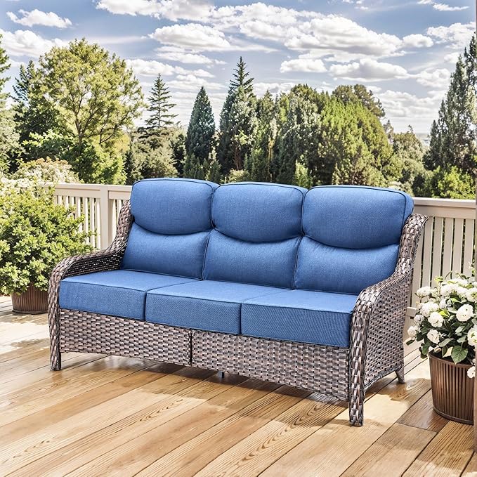 HUMMUH Luxury Patio Furniture Set 6-inch Thick Cushions High Back Swivel Rocker Chairs & 3 Seater-Couch & Steel Fire Pit Table 5 Pieces Outdoor Conversation Set for Porch,Deck,Backyard