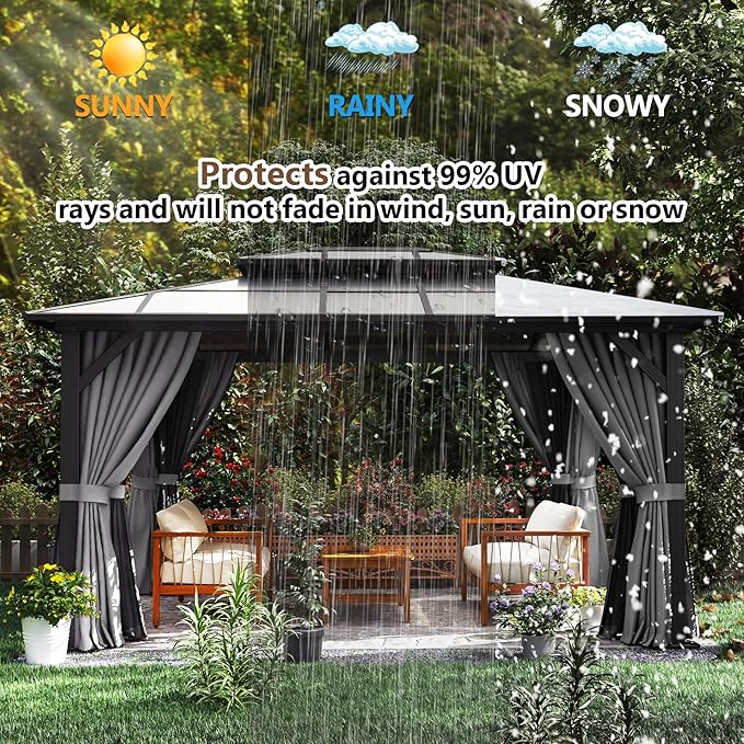 12’x14’ Hardtop Gazebo with Double Polycarbonate Roof Outdoor Metal Gazebo Sturdy Aluminum Frame & Removable Curtains, Netting Permanent Pavilion Pergola for Garden,Patio,Lawn (Gray)