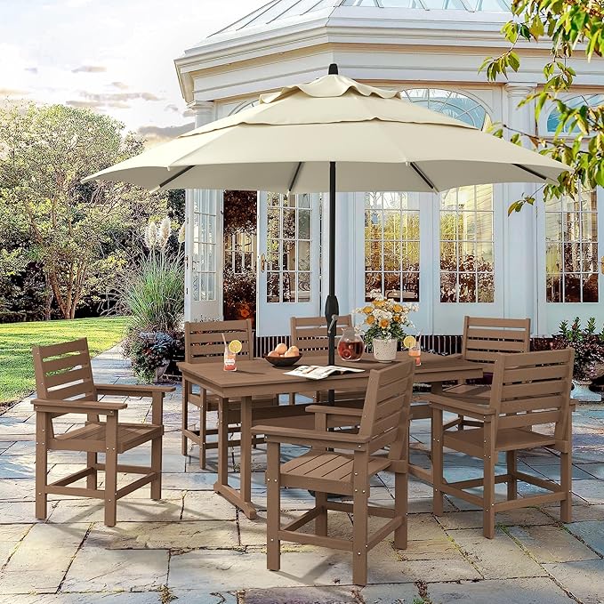 7 Piece Patio Dining Set, 66" Rectangle HDPS Weather Resistant Outdoor Table & 6 Patio Chairs Set with 1.96" Umbrella Hole, Heavy Duty Chairs for Backyard Balcony Deck, Brown