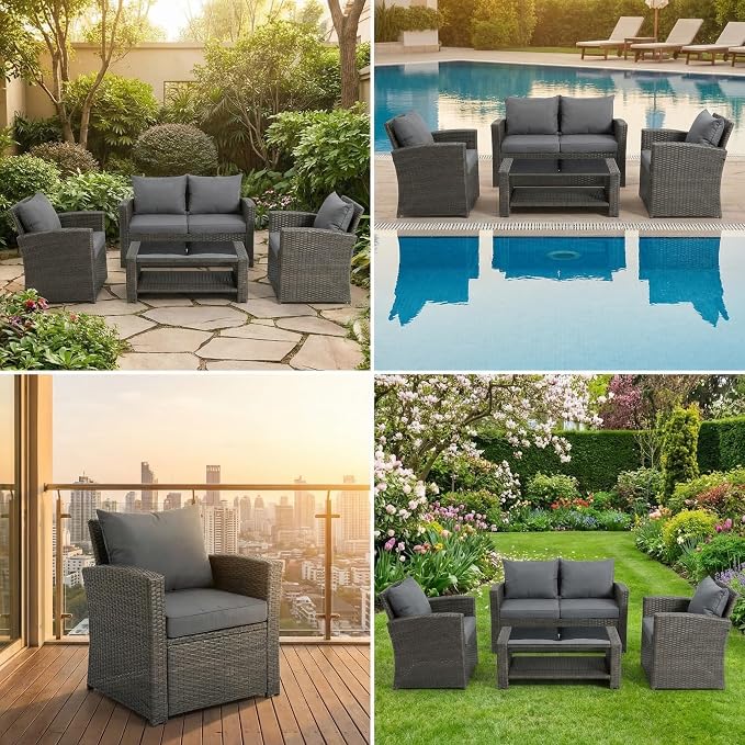 4 Pieces Outdoor Patio Furniture Set, PE Wicker Patio Conversation Set with Cushions and Tea Table, All-Weather Outside Rattan Sectional Sofa for Backyard,Porch, Garden, Balcony, Grey