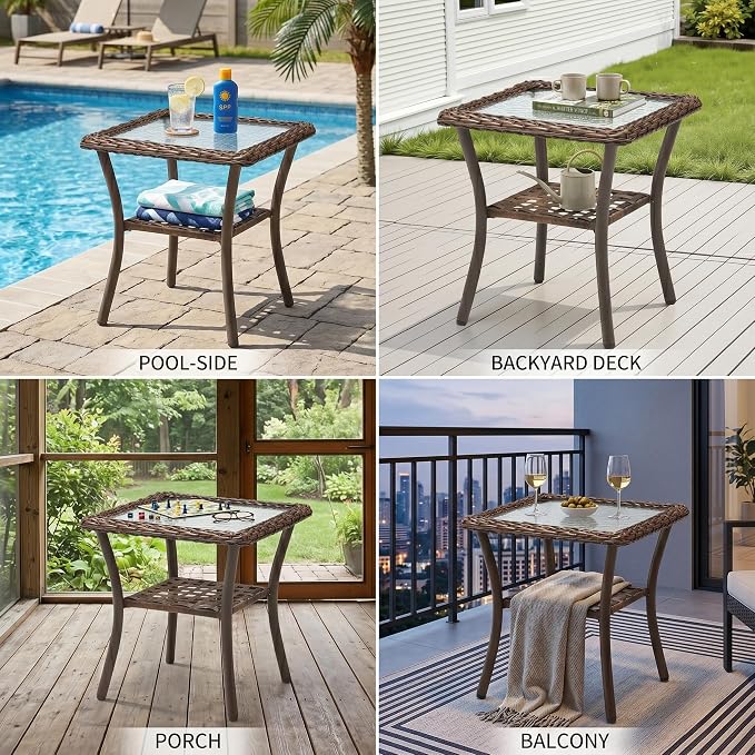 Square 20" Outdoor Wicker Side Table, 2-Tier Rattan Patio End Table with Tempered Glass Top, All Weather Brown Coffee Table for Deck Balcony Porch