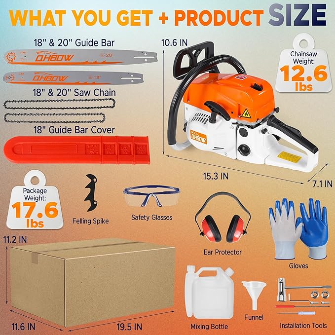 58 cc 2-Cycle Gas Chain Saw, 20 in & 18 in Gas Powered Chainsaw, Handheld Powerful Gasoline Chain Saw, Quick-Start System, Professional & DIY for Cutting Wood Tree Trimming