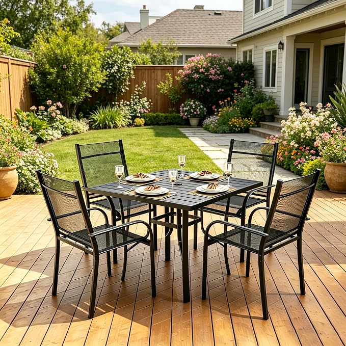 5 Pieces Outdoor Dining Table 36"x36" + Patio Dining Chair Set, Square Patio Dining Table and Chairs with Stable Metal Frame for Garden, Backyard and Porch, Umbrella Hole Design, Suitable for 4 People