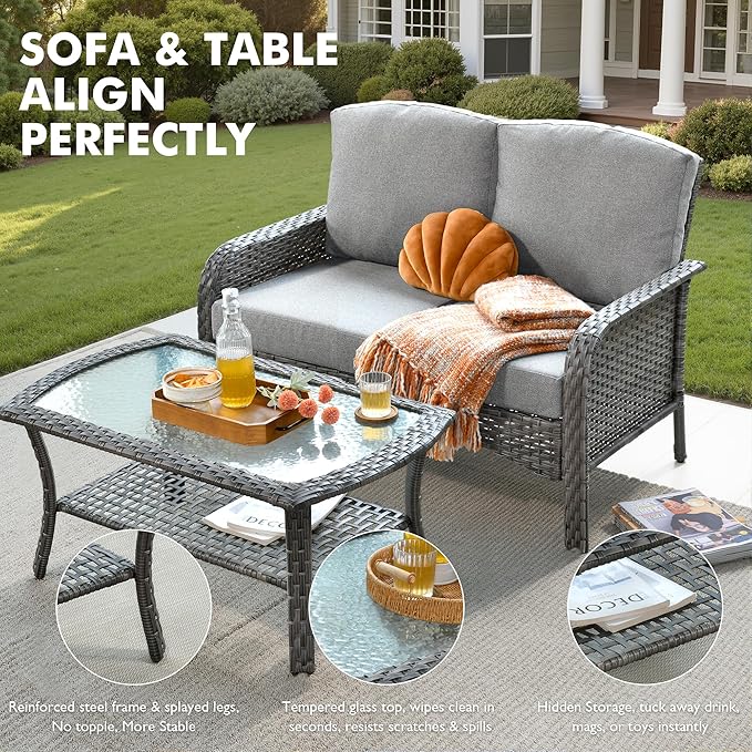 Weaxty Wicker Patio Furniture Set with Swivel Rocker Chairs Outdoor Loveseat Sofa and Rattan Coffee Table, 5 Pieces Outdoor Conversation Sets for Patio Porch Deck Backyard Poolside, Dark Gray