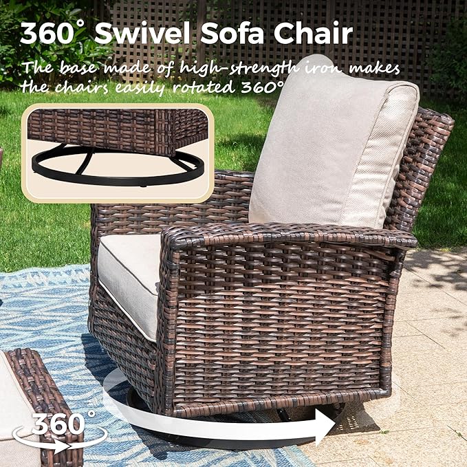 Outdoor Swivel Patio Chairs Set of 2 with Side Table, 3 Piece Wicker Highback Patio Bistro Set with Cushions for Deck Porch, Beige