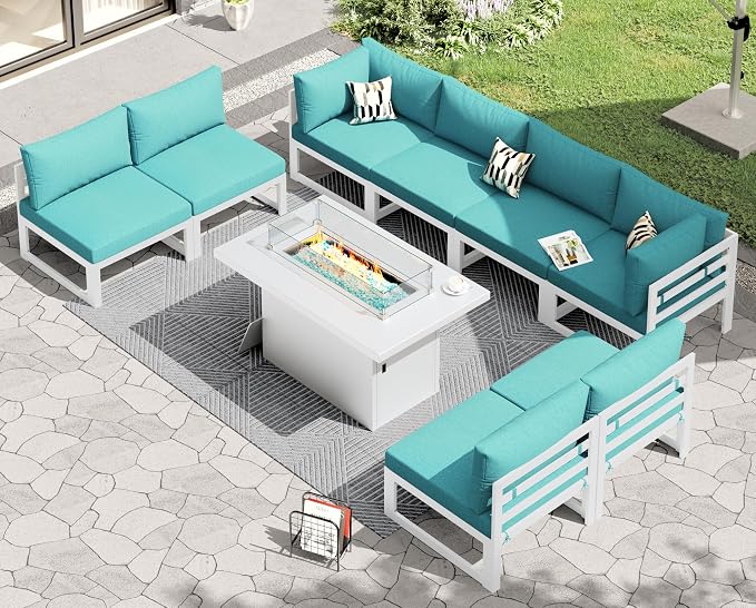 RADIATA 9 Piece Large Modern Aluminum Outdoor Patio Furniture Set with Fire Pit Table Propane/Gas, 29 inch Wide Deep Seat, Anti-Rust Comfy Sectional Sofa, 500 lbs Sturdy Conversation Set, Turquoise