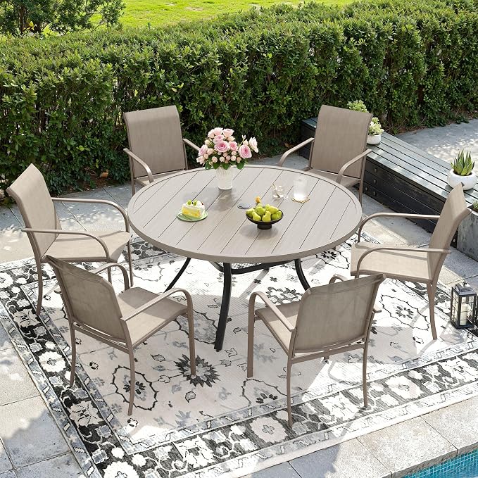 DIFY 7 Pieces Outdoor Patio Dining Set for 6, 47.2" Grey Wood-Like Round Metal Dining Table and 6 Sandshell Stackable Textilene Patio Chairs, Outdoor Table and Chairs for Backyard Garden Poolside