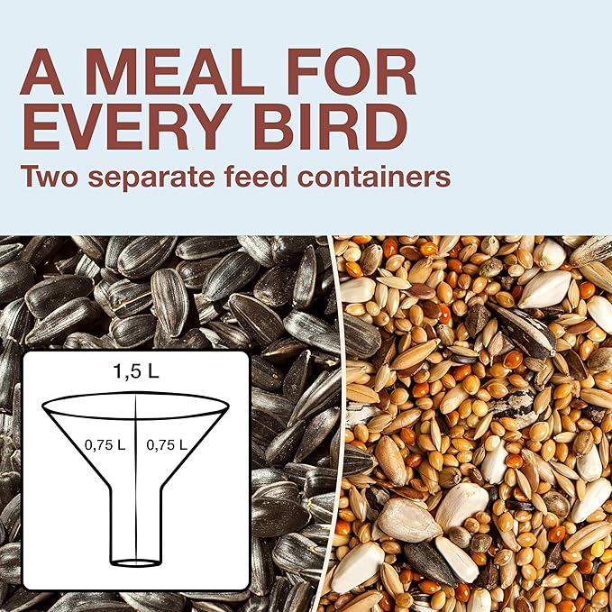 SWISSINNO Bird Feeders - No Mess Hanging Bird Feeder for Outdoors - Smart Birds Davos Spill Proof Wild Cardinal & Small Bird Feeder with Integrated Seed Catcher Tray - Dual Chamber - Light Blue