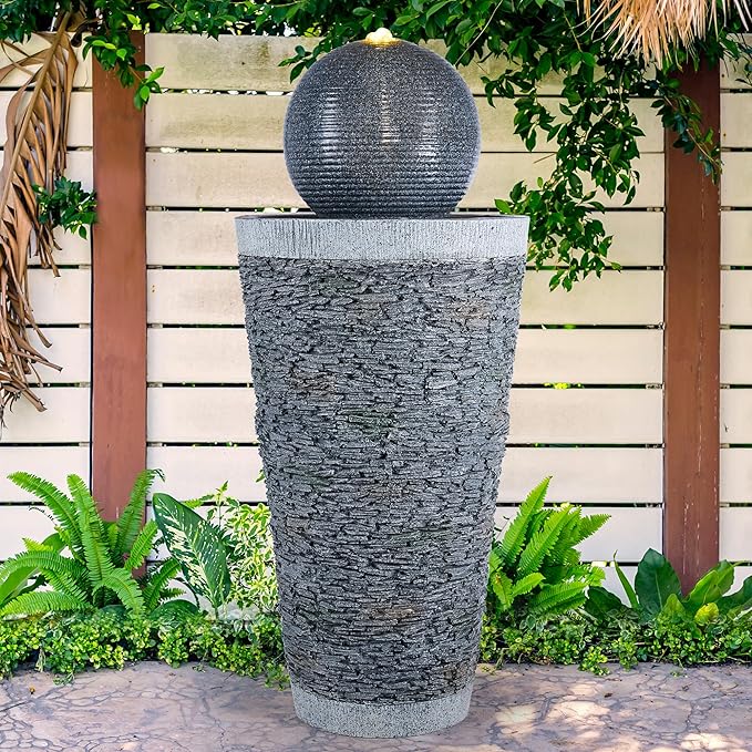 HPC Decor Modern Outdoor Sphere Fountain with LED Lighting - 28 Inch Freestanding Water Feature for Patio, Garden, Backyard, Porch, Deck - Relaxing Home Décor Art for Outdoor Spaces