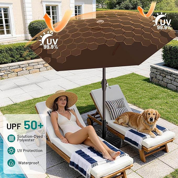 AreShark 7.5FT Patio Umbrella Table Market Umbrella w/Tilt and Crank, Heavy-Duty Outdoor Umbrellas for Pool, Deck, Garden and Backyard, Brown