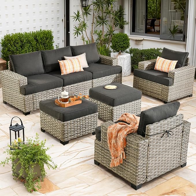 Patio Furniture Sets 7 Pieces Outdoor Sectional Rattan Sofa Manual Weaving Wicker Patio Conversation Set with Ottomans and T Cushion(Black)