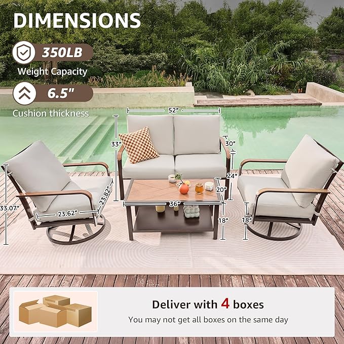 NATURAL EXPRESSIONS 4 Pieces Patio Furniture Sets,Modern Metal Outdoor Conversation Sofa Sets with High Back Swivel Rocking Chairs,Loveseat,Double-Deck Wooden-Grain Metal Table, 6" Cushions Beige