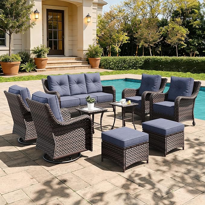9 Pieces Outdoor Furniture Set with 6-inch Cushions, High Back Wicker Swivel Rocker Chairs with Coffee Table, Luxury Conversation Set for Deck Patio and Poolside