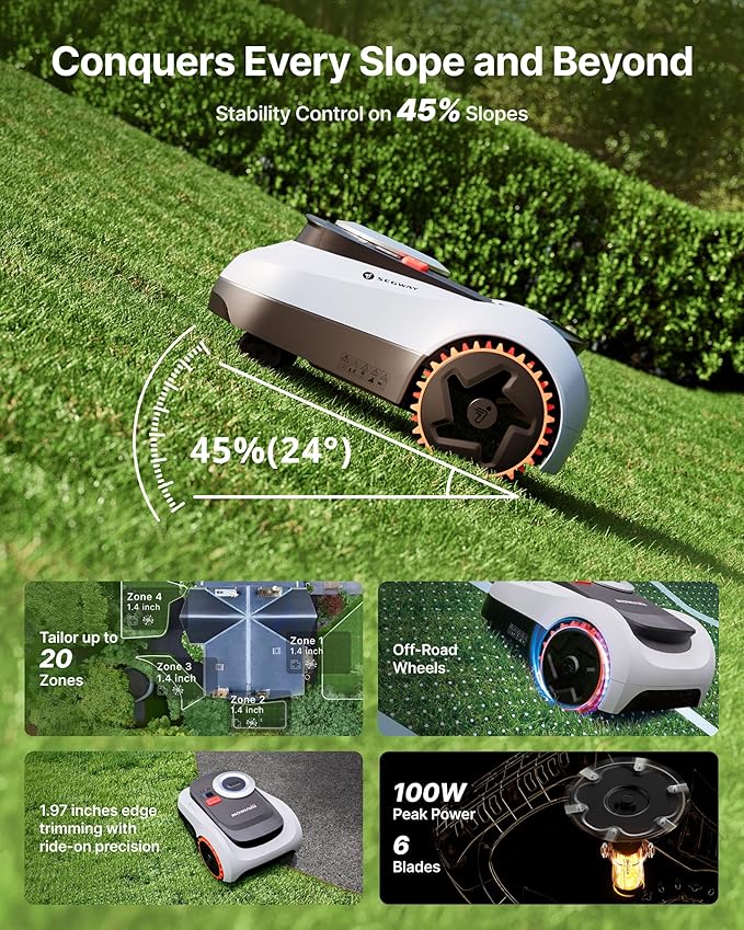 Segway Navimow i215 LiDAR Robot Lawn Mower, Wire Free Robotic Lawn Mower for 0.37 Acre, LiDAR & Vision Dual Fusion, Auto Mapping, Off-Road Wheels for 45% Slopes, Quiet 59 dB(A) Mowing