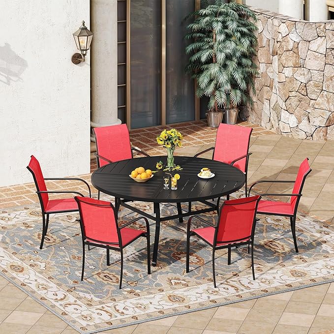 VICLLAX 7 Pieces Patio Outdoor Dining Set, 50" Round Metal Table with Umbrella Hole and 6 Stackable Textilene Chairs for Patio, Lawn, Garden, Porch, Black/Red
