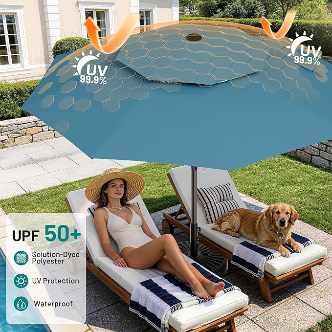 AreShark 12ft 2 Tiers Patio Umbrella - Outdoor Umbrella Waterproof UV Protection, Market Table Umbrella w/ 8 Sturdy Ribs&Crank for Pool, Porch, Garden(Lake Blue)
