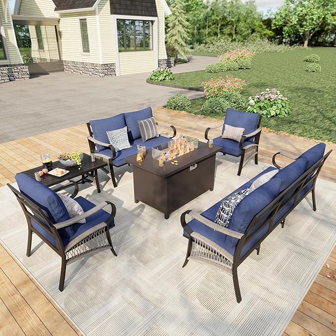 6 Pieces Modern Patio Furniture Set, All Weather Metal Outdoor Conversation Sets with Fire Pit Table for Backyard Garden Deck Porch Poolside, Blue