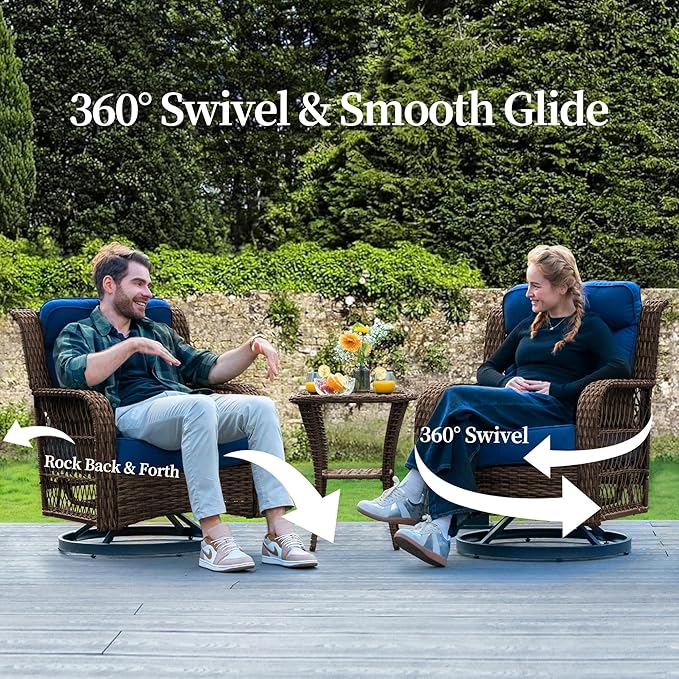 PIZZELLO 4 Pieces Patio Furniture Set w/3-Seater Outdoor Sectional Sofa, Swivel Rocker Patio Chairs and Side Table, Outdoor Wicker Conversation Set for Backyard (5" Cushions and 25" Full Support Back)