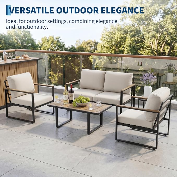 Litake 4 Piece Patio Furniture Sets, PE Rope Wicker Sofa with Metal Frame, Waterproof & UV-Resistant Couch with Table, All Weather Furniture for Garden, Balcony & Backyard