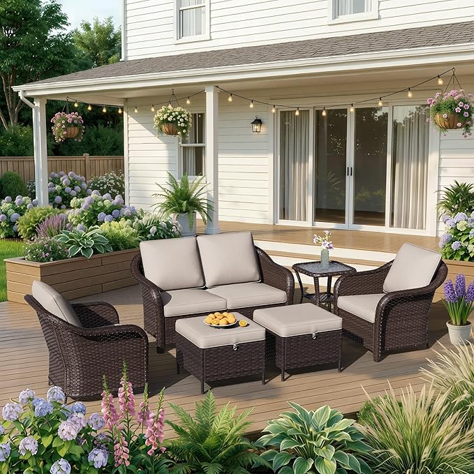 6 Piece Patio Wicker Conversation Set, All-Weather Use Outdoor Wicker Loveseat with 2 PE Rattan Ottomans,2 Chair, 1 Side Table, Ideal for Porch, Backyard, Balcony, Poolside, Beige