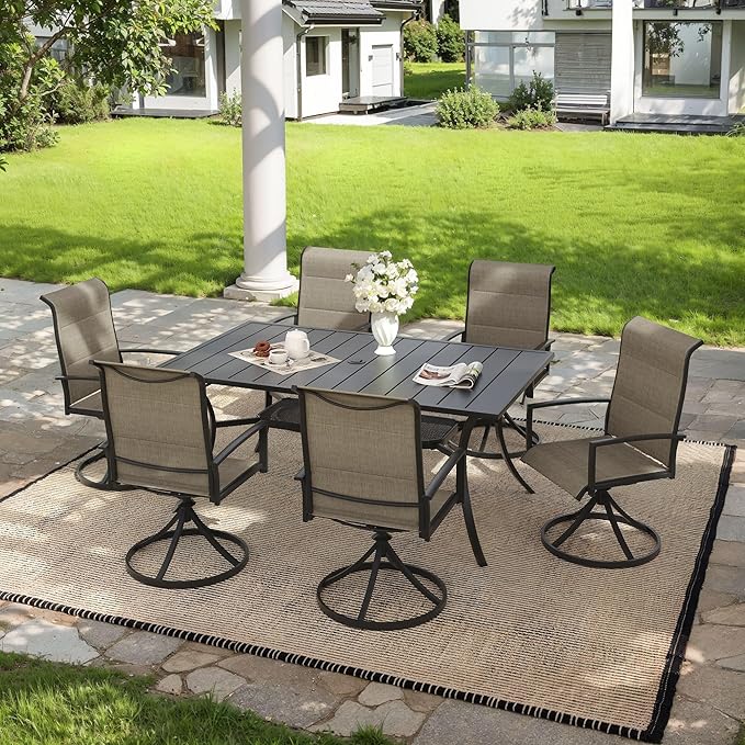 VICLLAX 7 Pieces Outdoor Dining Set, Patio Furniture Set Includes 59" Rectangular Metal Table W/ 1.9" Umbrella Hole and 6 Padded Textilene Swivel Chairs for Porch, Lawn, Garden, Backyard