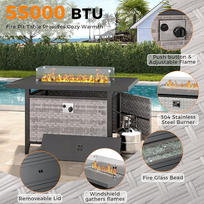 12-Seat Modern Outdoor Wicker Rattan Patio Furniture Set with 55,000 BTU Fire Pit Table, Thick 4″ Cushions, All-Weather Dual-Strand Rattan, Rust-Resistant Steel Frame,Beige