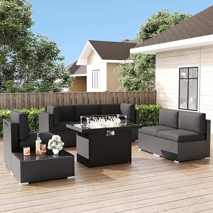 LayinSun 8 Pieces Patio Furniture Set with Fire Pit Table, Black Rattan Modular Sectional Patio Conversation Sofa Set