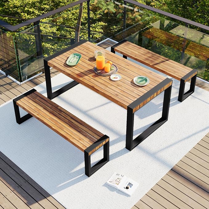 3 PC Outdoor Dining Set with 2 Benches Acacia Wood Tabletop & Steel Frame | All-Weather Patio Furniture for Backyard, Garden, or Indoor Use, Natural