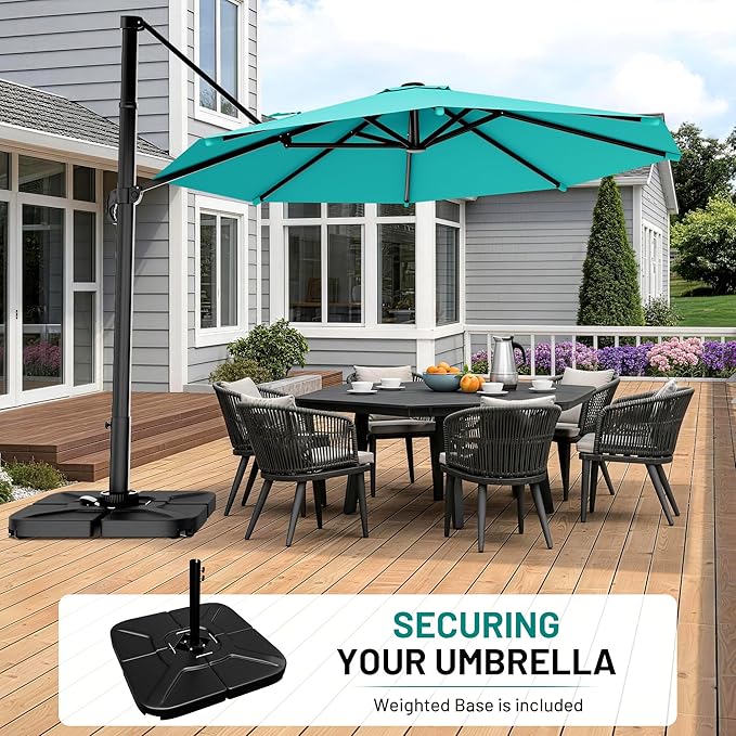 AreShark 11FT Round Cantilever Patio Umbrella with Base Included, 360° Rotation Offset Outdoor Umbrella, 5 Tilt Settings Heavy Duty Hanging Parasol for Deck Garden Pool, Peacock Blue