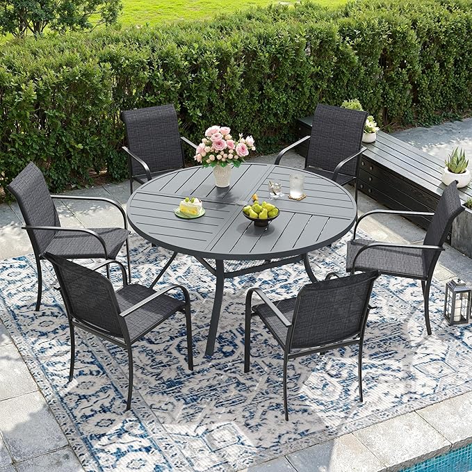 DIFY Patio Dining Set for 6, 7 Piece Outdoor Table and Chairs Set, 47.2" Round Metal Patio Dining Table and 6 Textilene Stackable Patio Chairs, for Backyard Garden Poolside, Grey