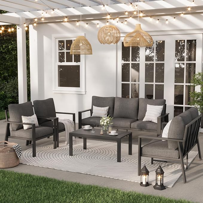 Aluminum Patio Furniture Set, 5 Seats Metal Outdoor Conversation Set Modern Sectional Sofa with Upgrade Cushion and Coffee Table