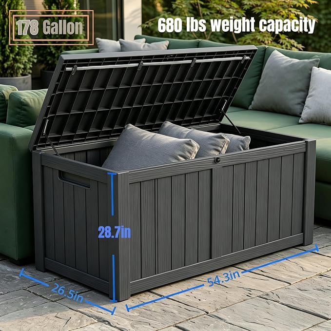MAKINO 178 Gallon Large Resin Outdoor Storage Box, Waterproof Deck Box, Lockable Deck Container with Reinforced Support, Outdoor Chest for Patio Accessories, Outdoor Cushions, Garden Tools, Black